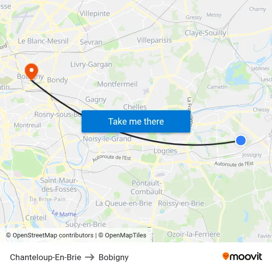 Chanteloup-En-Brie to Bobigny map