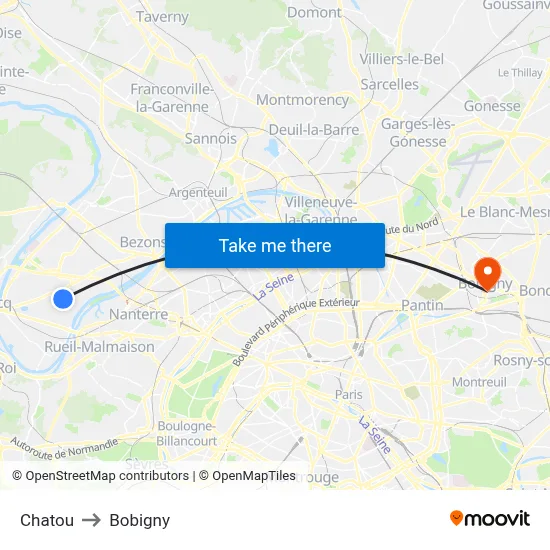 Chatou to Bobigny map