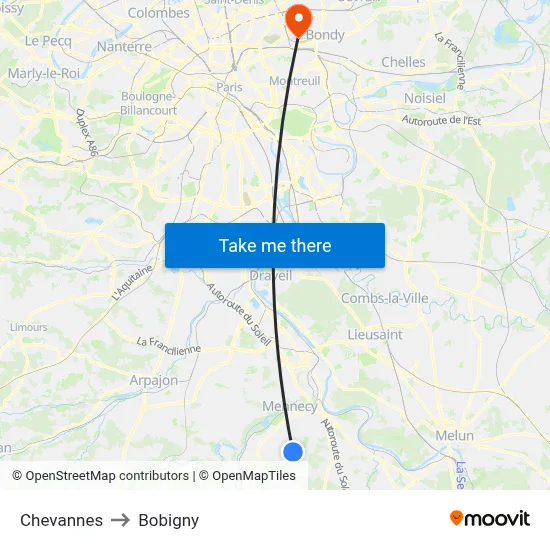 Chevannes to Bobigny map