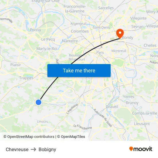 Chevreuse to Bobigny map