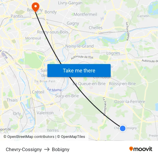Chevry-Cossigny to Bobigny map