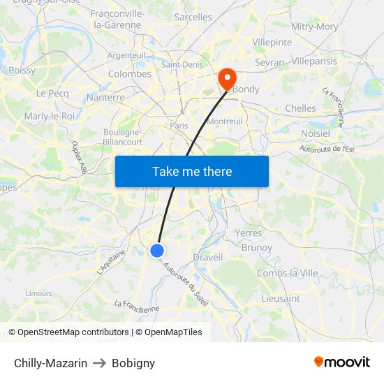 Chilly-Mazarin to Bobigny map