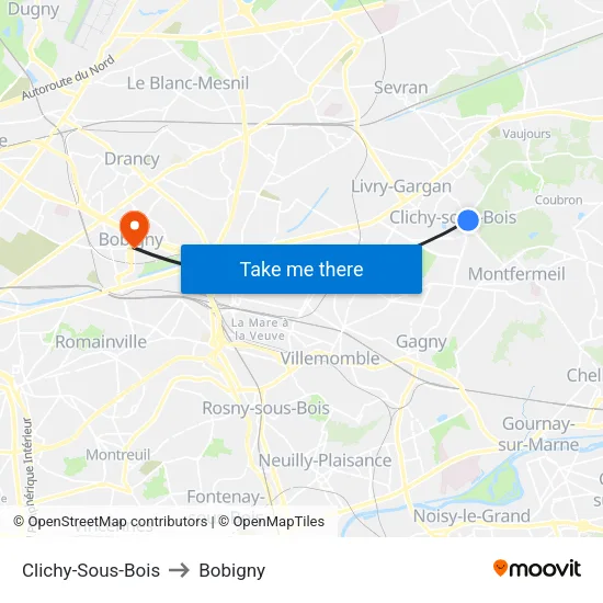 Clichy-Sous-Bois to Bobigny map