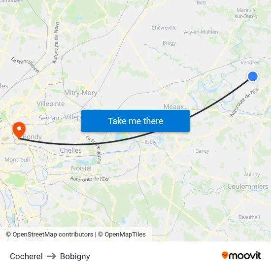 Cocherel to Bobigny map