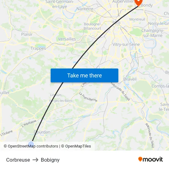 Corbreuse to Bobigny map