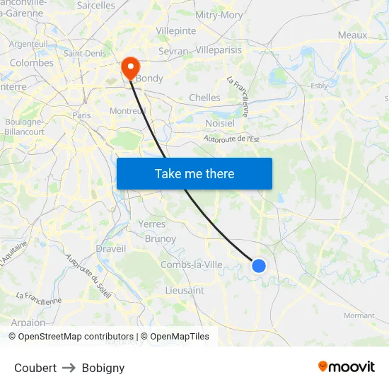 Coubert to Bobigny map