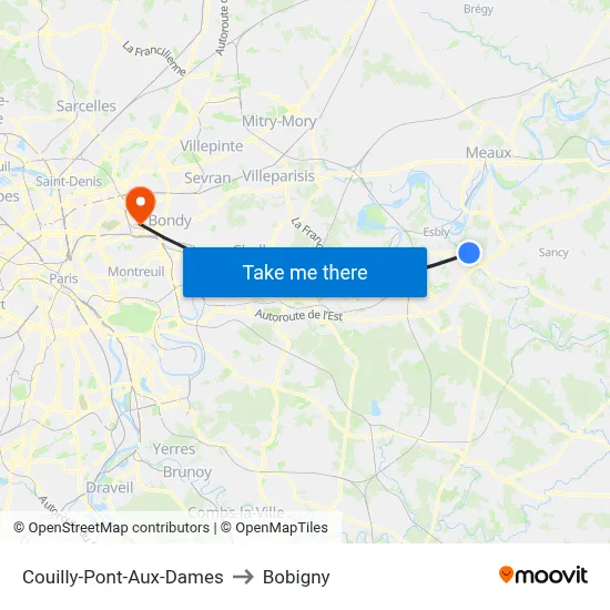 Couilly-Pont-Aux-Dames to Bobigny map