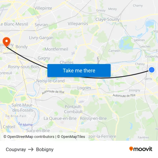 Coupvray to Bobigny map