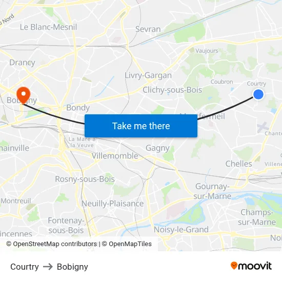 Courtry to Bobigny map