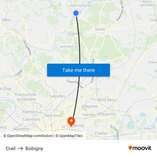 Creil to Bobigny map
