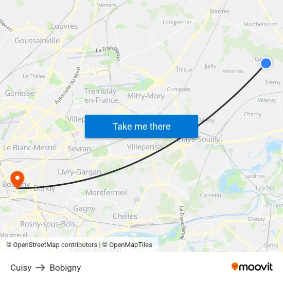 Cuisy to Bobigny map