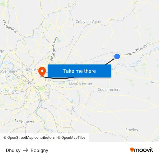 Dhuisy to Bobigny map