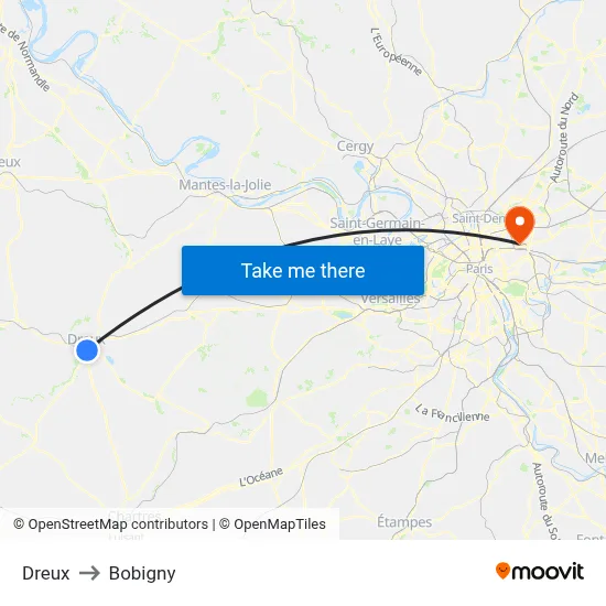 Dreux to Bobigny map