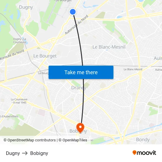 Dugny to Bobigny map