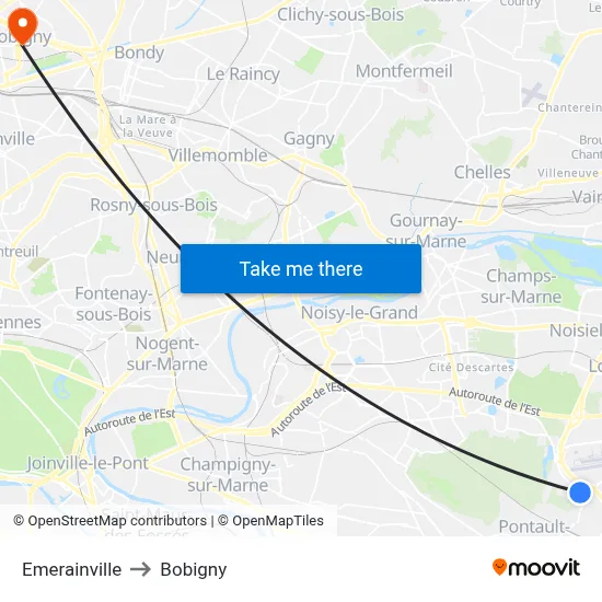 Emerainville to Bobigny map