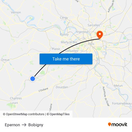Epernon to Bobigny map