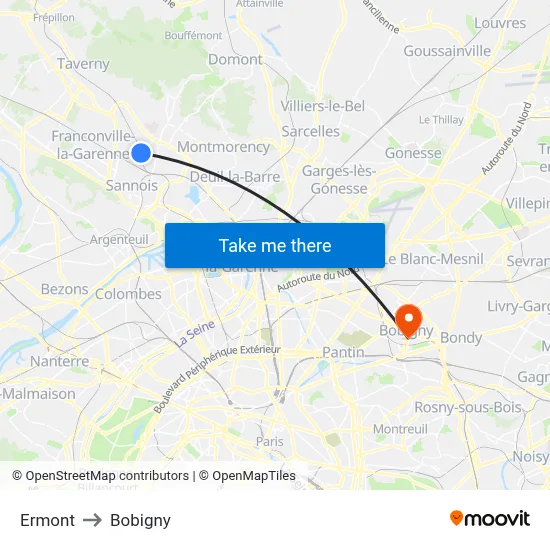 Ermont to Bobigny map