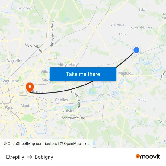 Etrepilly to Bobigny map