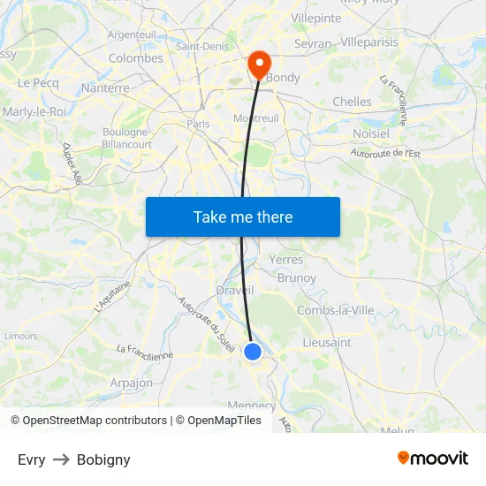 Evry to Bobigny map