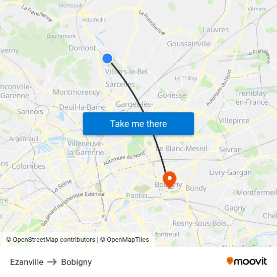 Ezanville to Bobigny map