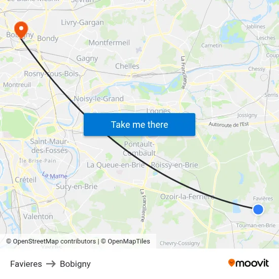 Favieres to Bobigny map