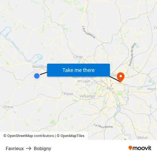 Favrieux to Bobigny map