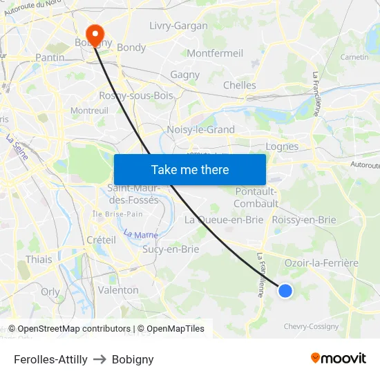 Ferolles-Attilly to Bobigny map