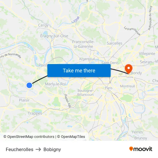 Feucherolles to Bobigny map