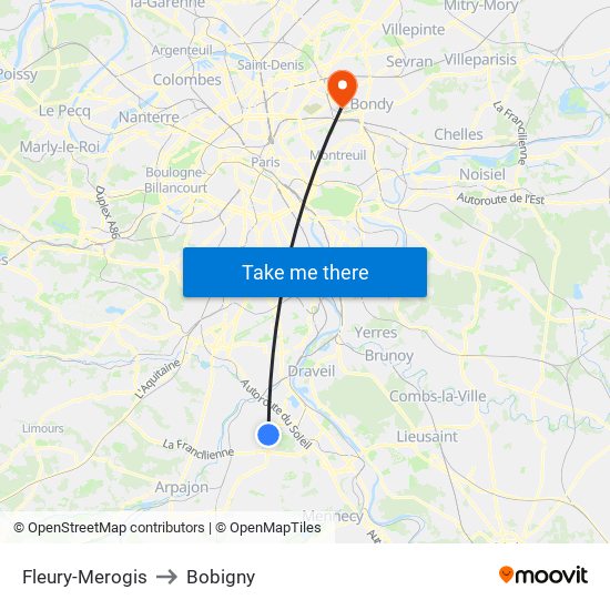 Fleury-Merogis to Bobigny map