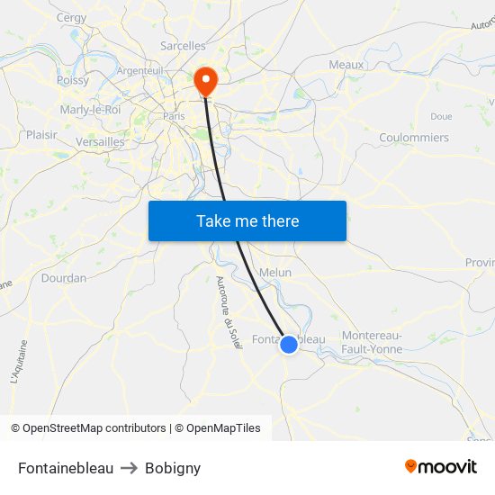 Fontainebleau to Bobigny map