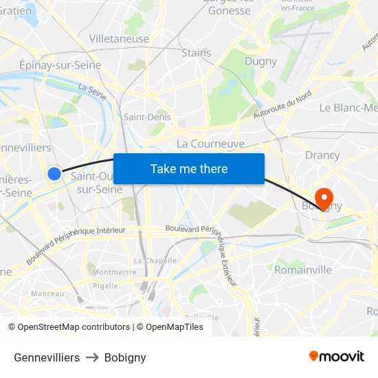 Gennevilliers to Bobigny map