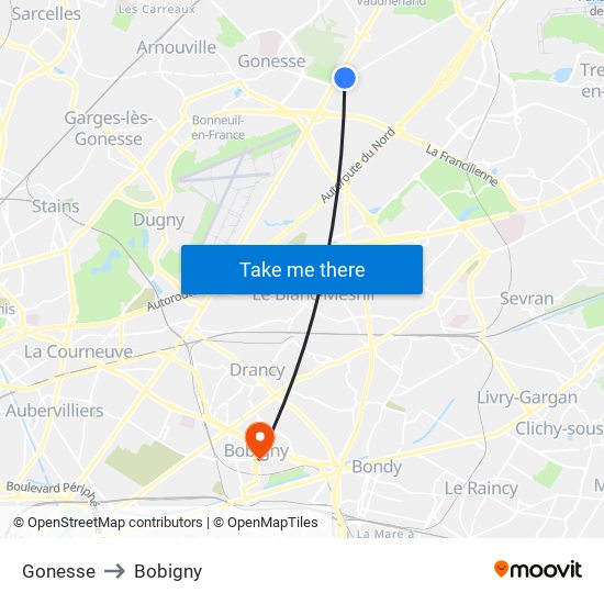 Gonesse to Bobigny map