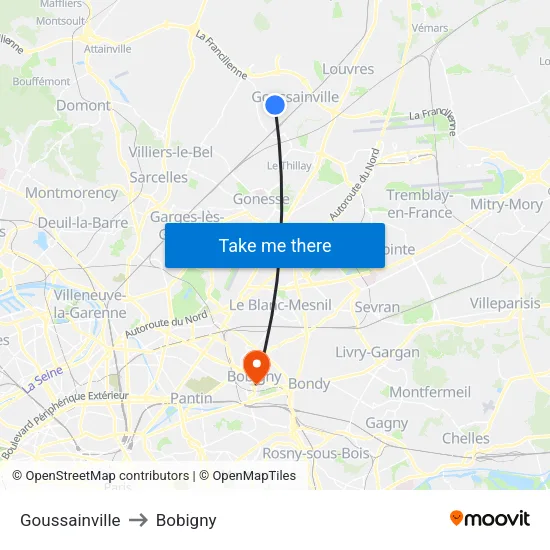 Goussainville to Bobigny map