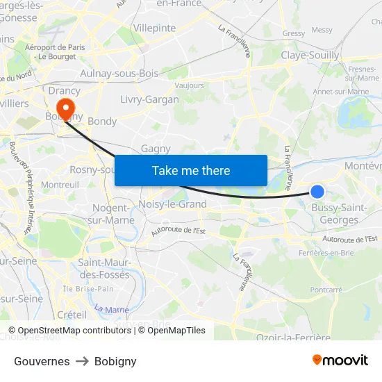 Gouvernes to Bobigny map