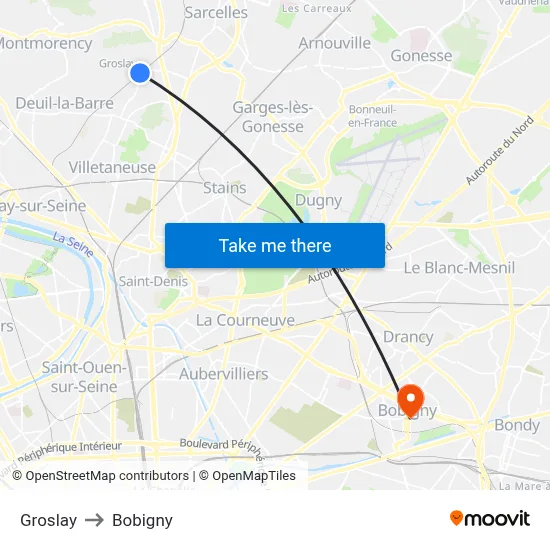 Groslay to Bobigny map
