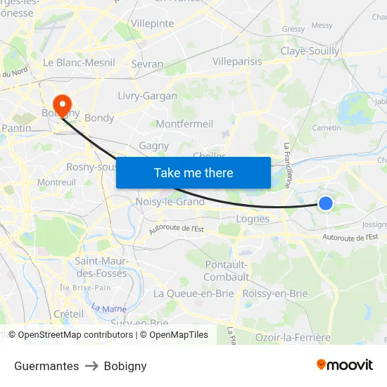 Guermantes to Bobigny map