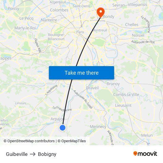 Guibeville to Bobigny map