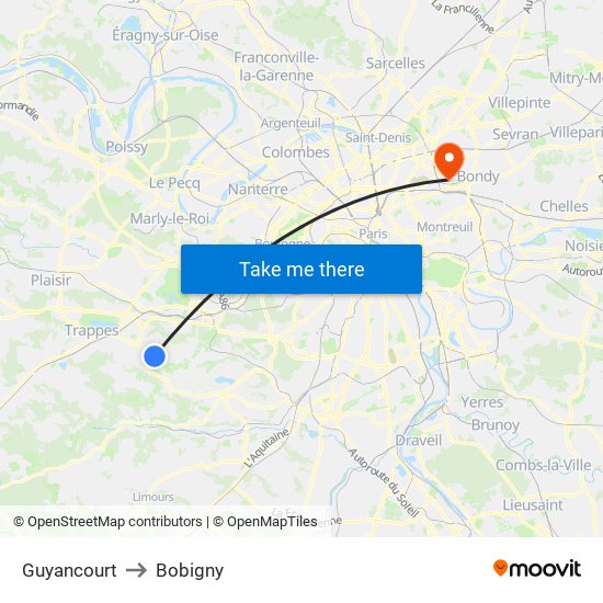 Guyancourt to Bobigny map