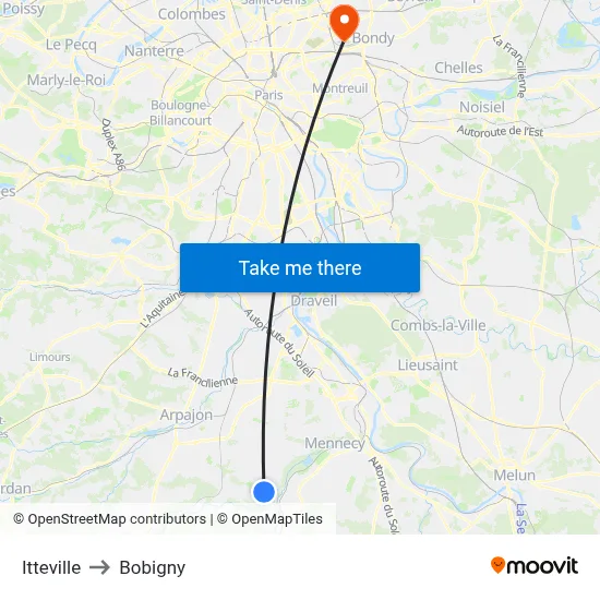 Itteville to Bobigny map