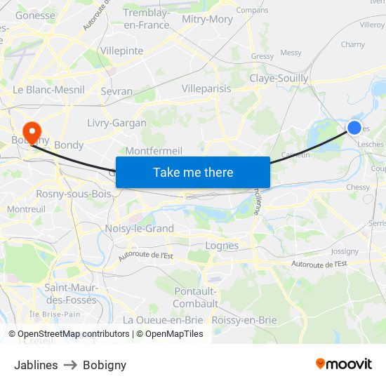 Jablines to Bobigny map