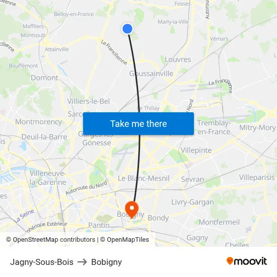 Jagny-Sous-Bois to Bobigny map