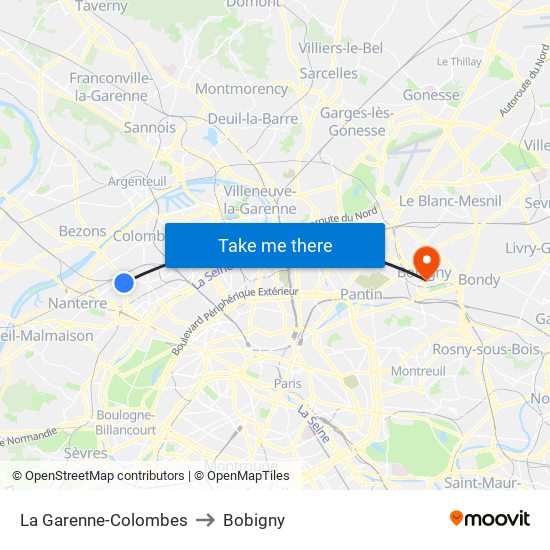 La Garenne-Colombes to Bobigny map