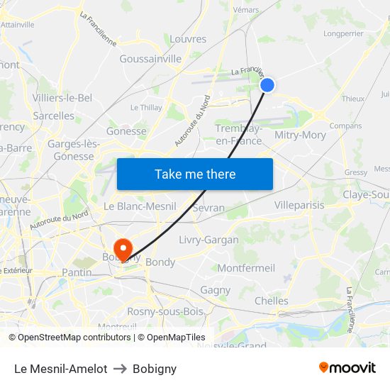 Le Mesnil-Amelot to Bobigny map