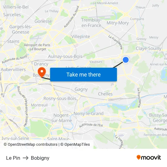 Le Pin to Bobigny map