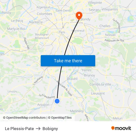 Le Plessis-Pate to Bobigny map