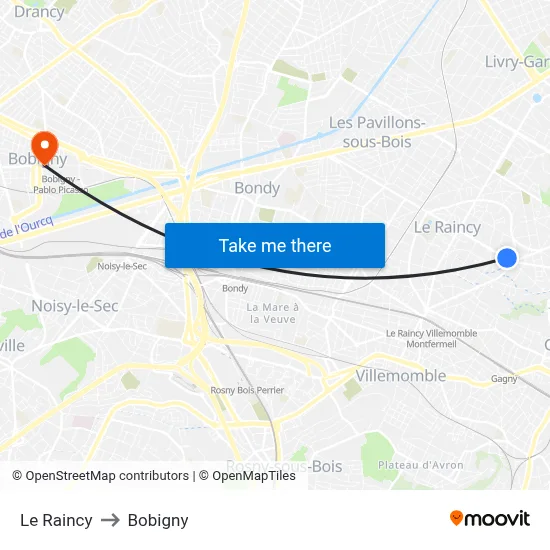 Le Raincy to Bobigny map