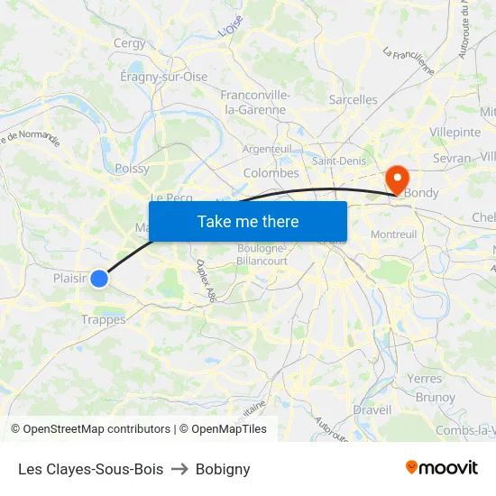 Les Clayes-Sous-Bois to Bobigny map