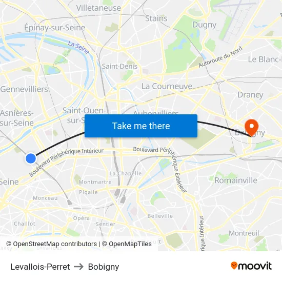 Levallois-Perret to Bobigny map