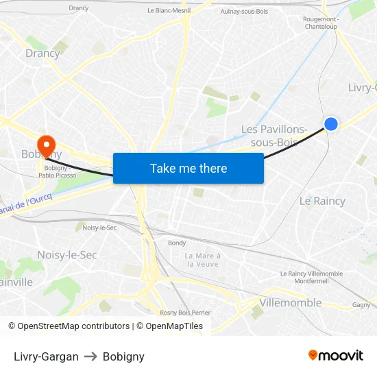 Livry-Gargan to Bobigny map
