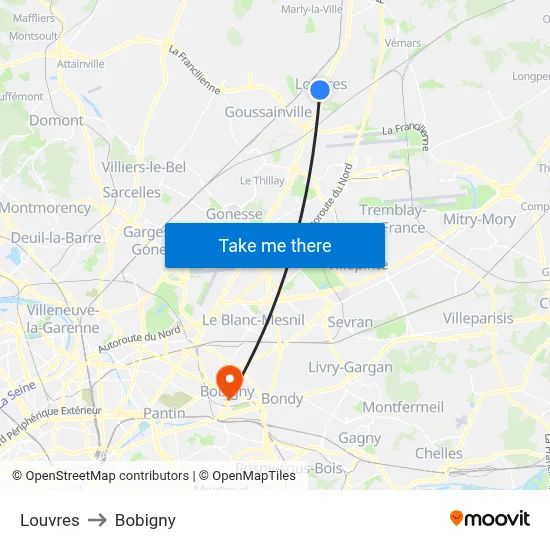 Louvres to Bobigny map